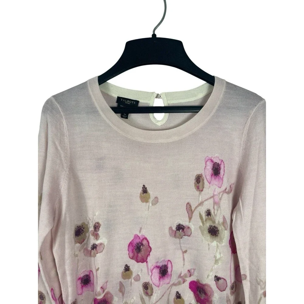 Talbots 100% Merino Wool Pink Floral Sweater PS Lightweight Knit